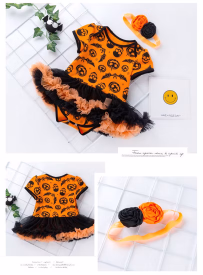 Baby Mädchen Halloween Kürbis Bodys Tutu Spitzenrock mit Stirnband Esg16387